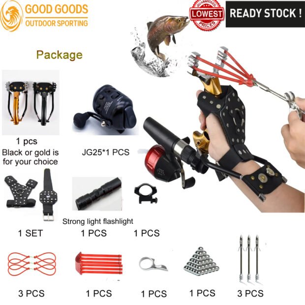 Professional Fishing Slingshot Kit Reel Arrows Rubber Bands Fish Dart
